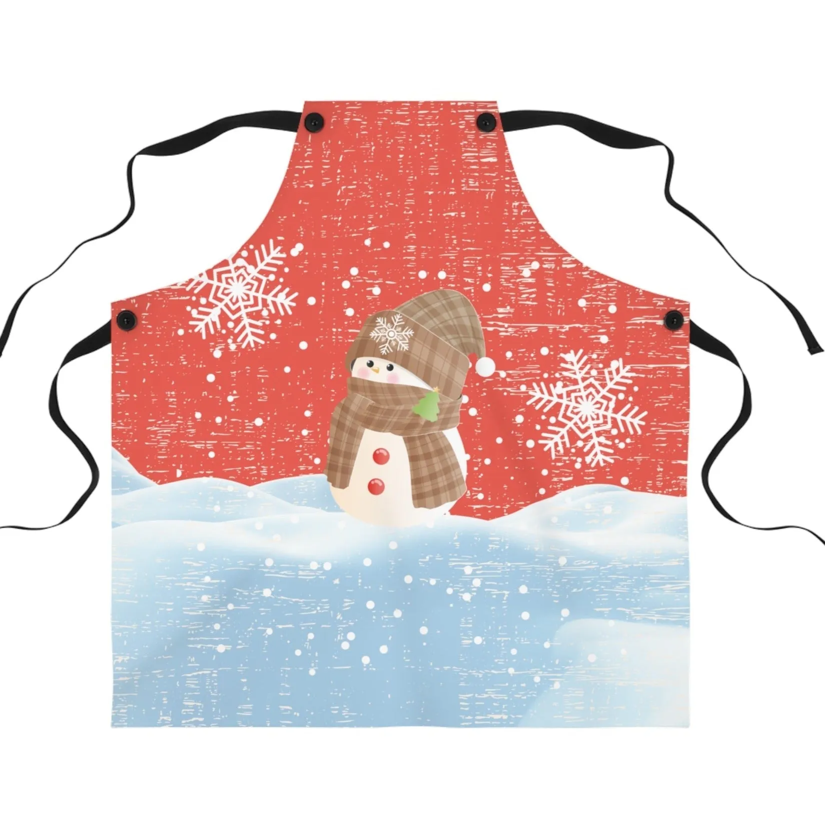 Snowman on Fresh Snow with Red & White Snowflake Apron