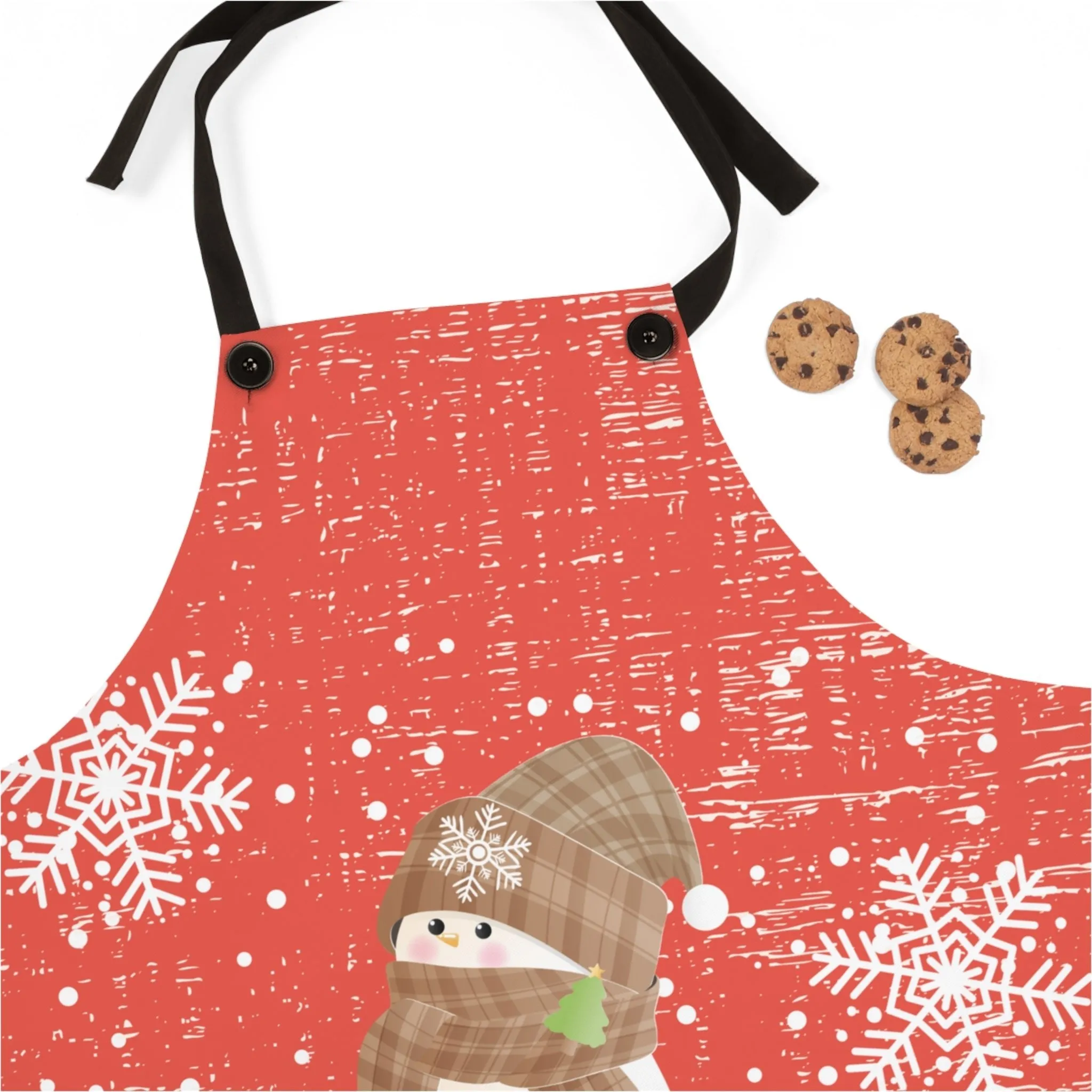 Snowman on Fresh Snow with Red & White Snowflake Apron