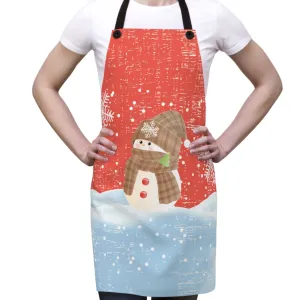 Snowman on Fresh Snow with Red & White Snowflake Apron