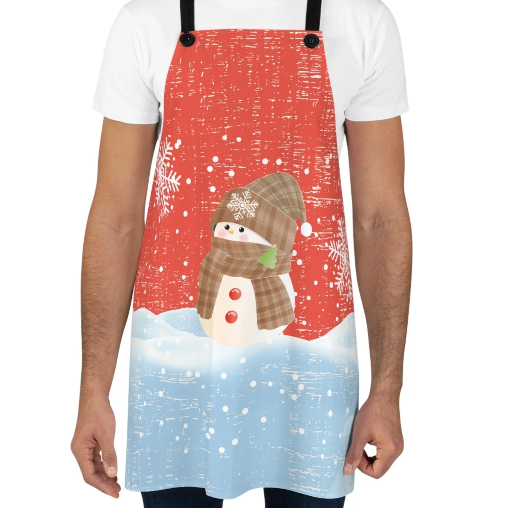 Snowman on Fresh Snow with Red & White Snowflake Apron