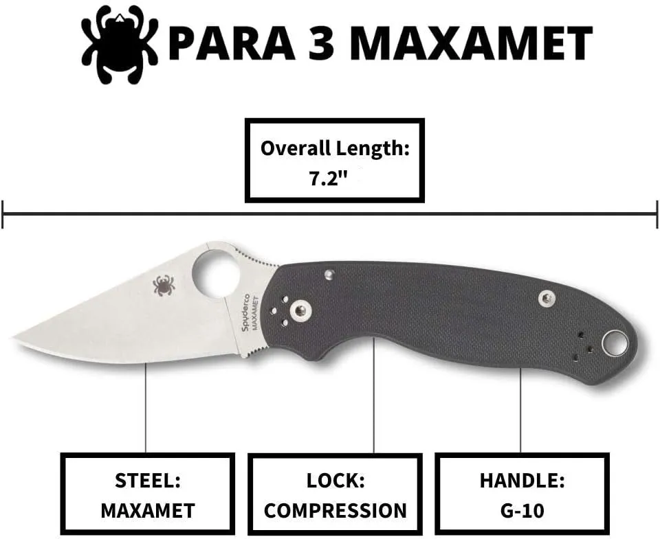 Spyderco Para 3 G-10 Dark Gray Maxamet 2.93" Plain Edge Folding Pocket Knife (C223GPDGY)