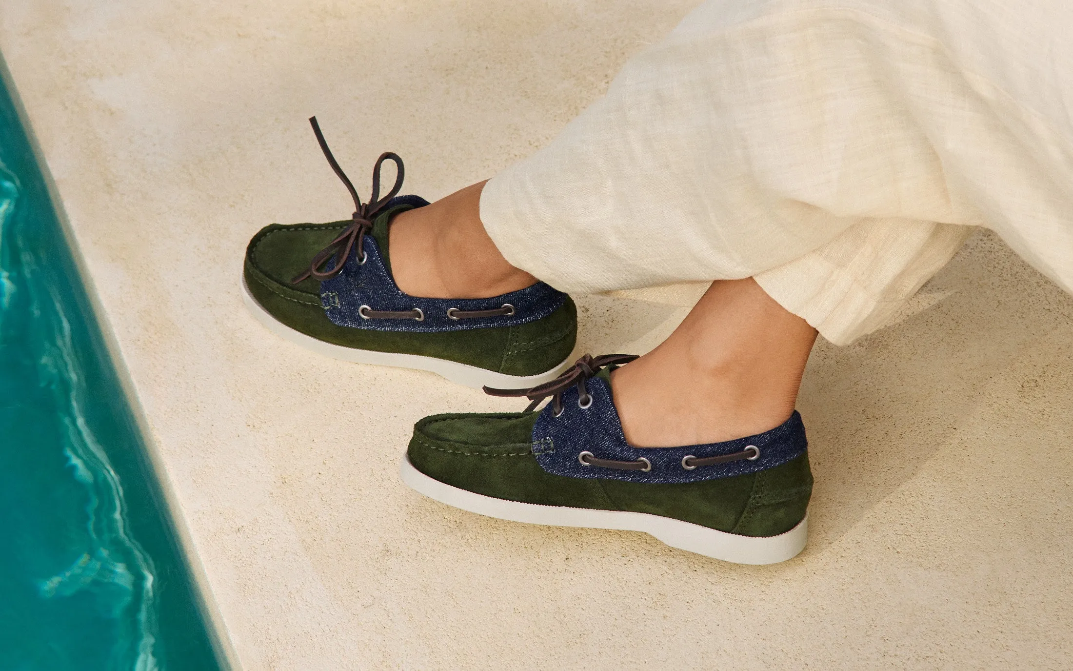 Swan Suede & Denim Boat Shoes - Q83KK - Luca Rubinacci x Manebí Forest Green & Dark Denim