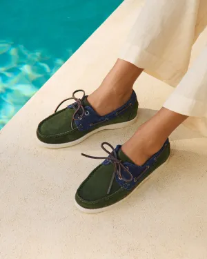 Swan Suede & Denim Boat Shoes - Q83KK - Luca Rubinacci x Manebí Forest Green & Dark Denim
