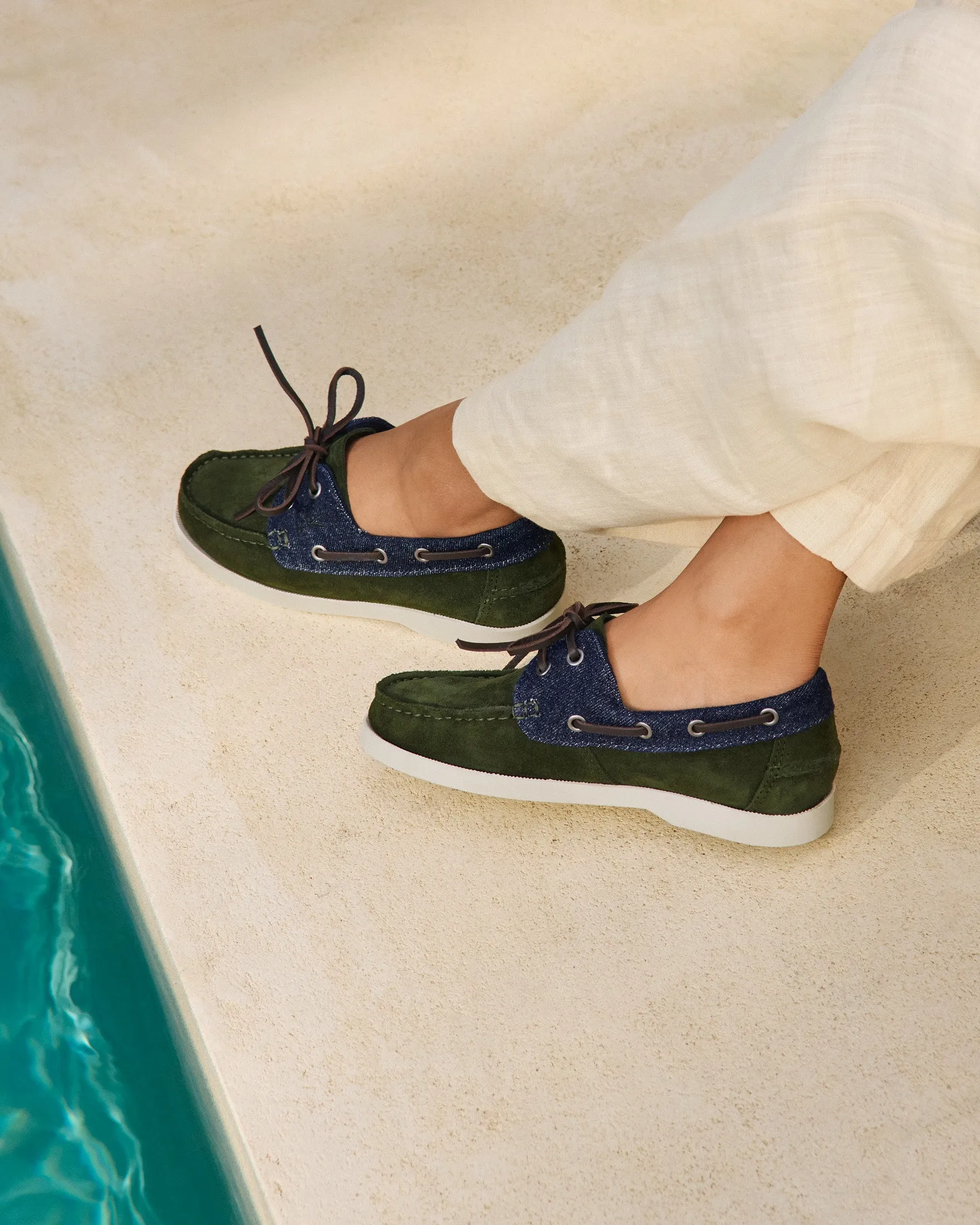 Swan Suede & Denim Boat Shoes - Q83KK - Luca Rubinacci x Manebí Forest Green & Dark Denim