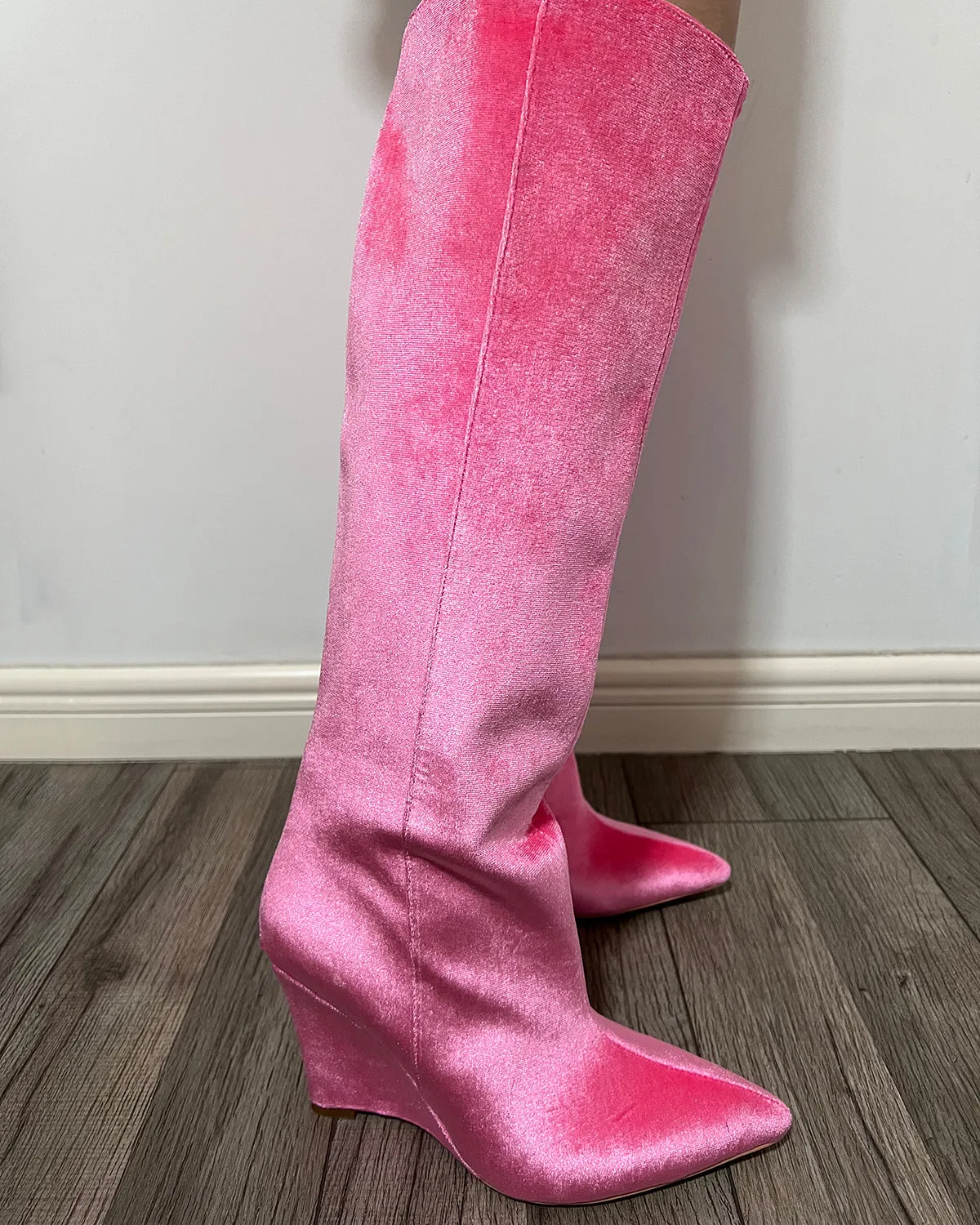 Velvet knee high pointed toe wedge boots