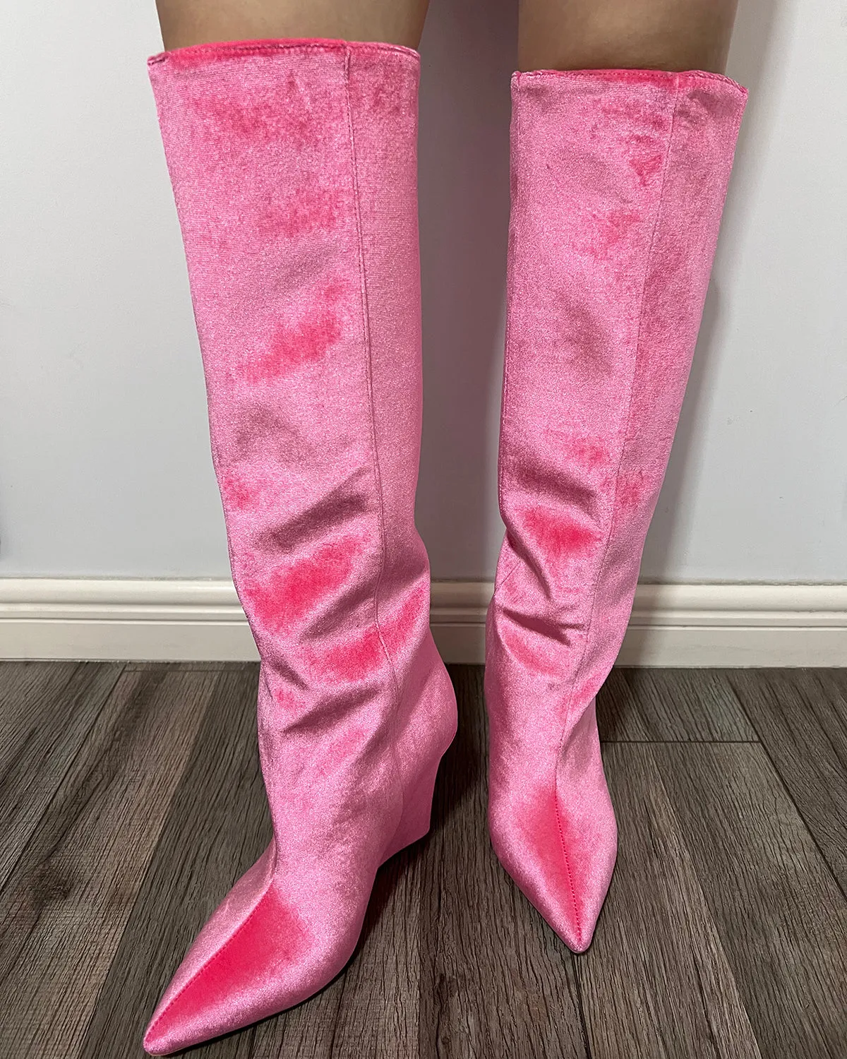 Velvet knee high pointed toe wedge boots