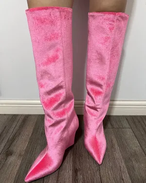 Velvet knee high pointed toe wedge boots