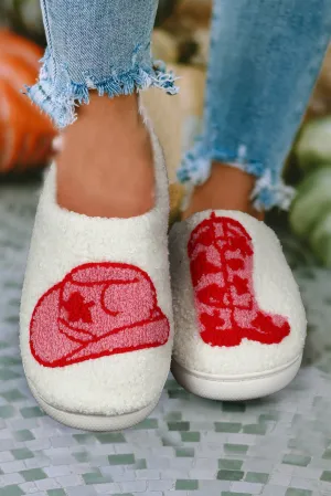 White Sherpa Red Western Graphic Embroidered Home Slippers