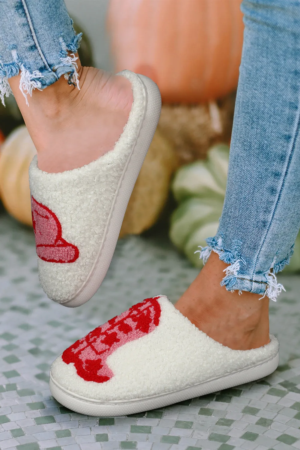 White Sherpa Red Western Graphic Embroidered Home Slippers