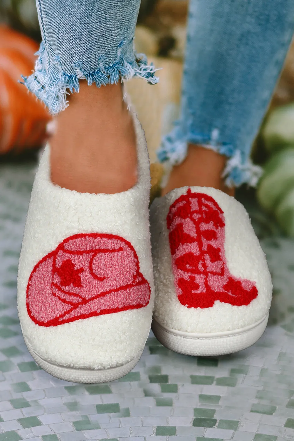 White Sherpa Red Western Graphic Embroidered Home Slippers