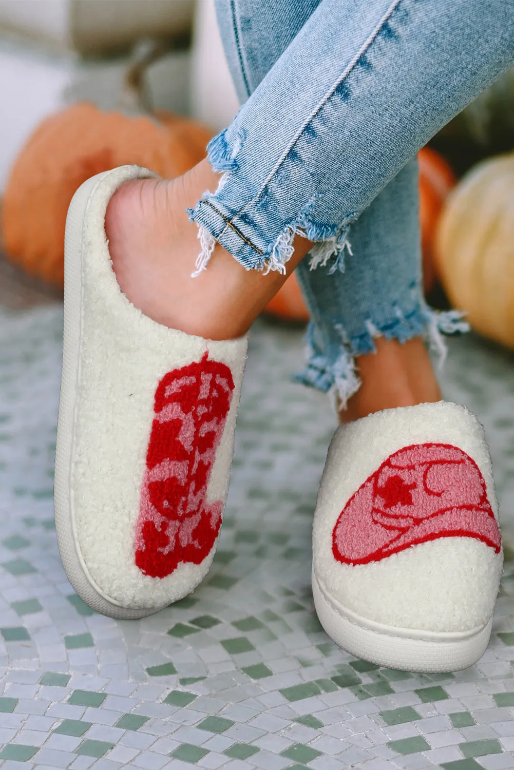 White Sherpa Red Western Graphic Embroidered Home Slippers