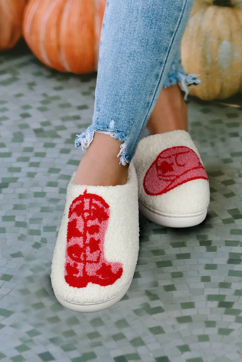 White Sherpa Red Western Graphic Embroidered Home Slippers