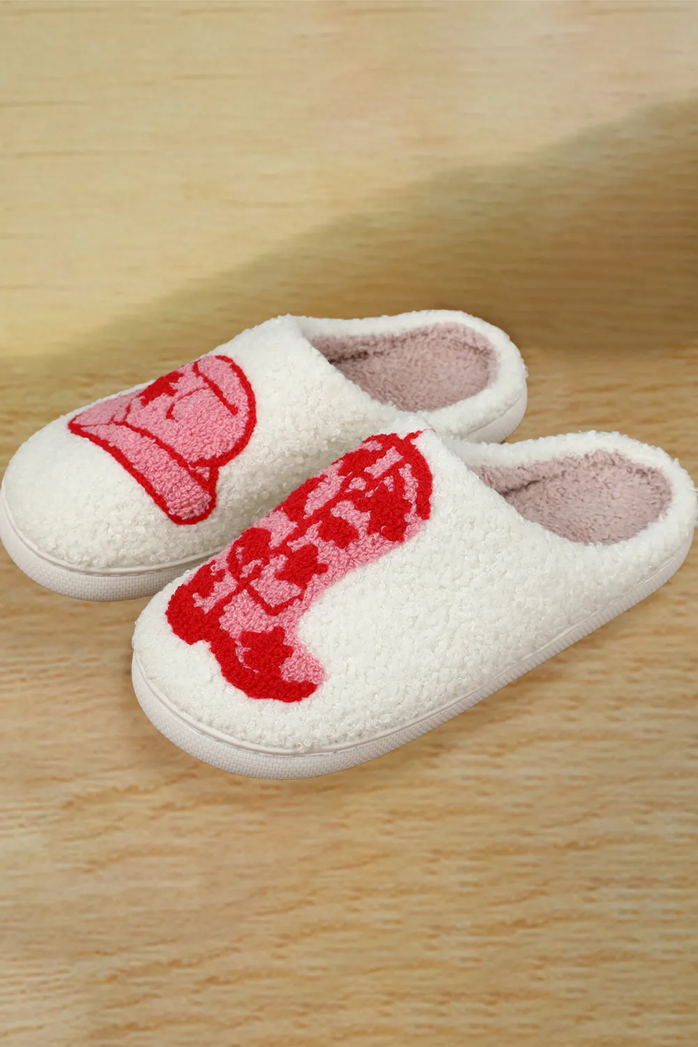 White Sherpa Red Western Graphic Embroidered Home Slippers