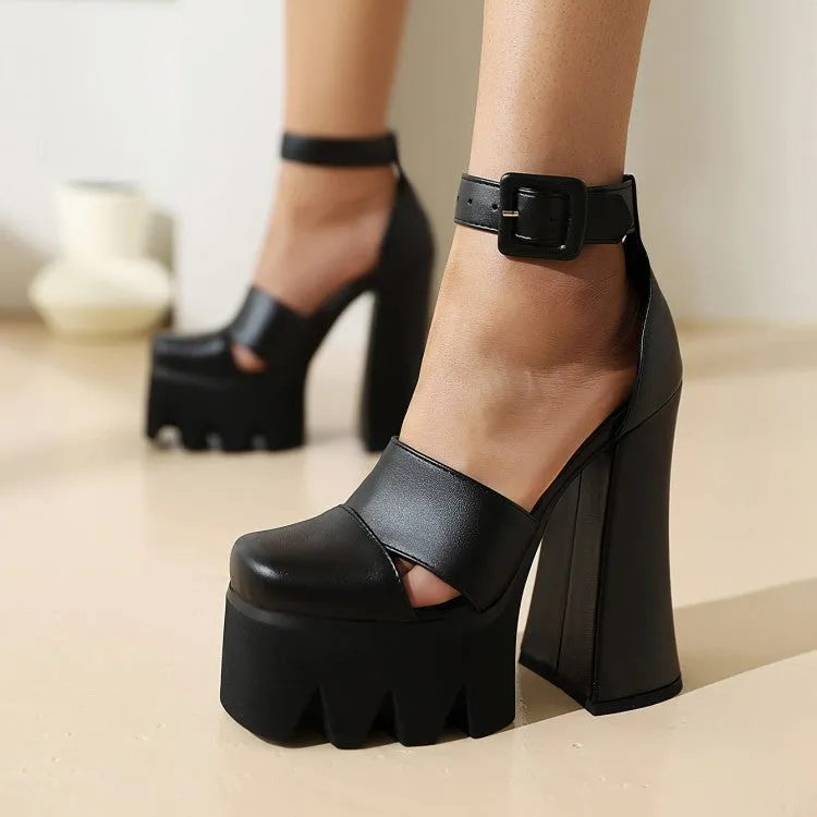 Women's Round Toe Hollow Out Thick Sole Block Heel Platform Sandals