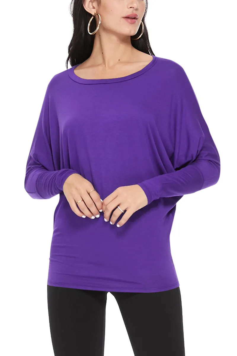 Women's Solid Long Sleeve Jersey Dolman Style Boat Neck Casual Tee Top S-3XL
