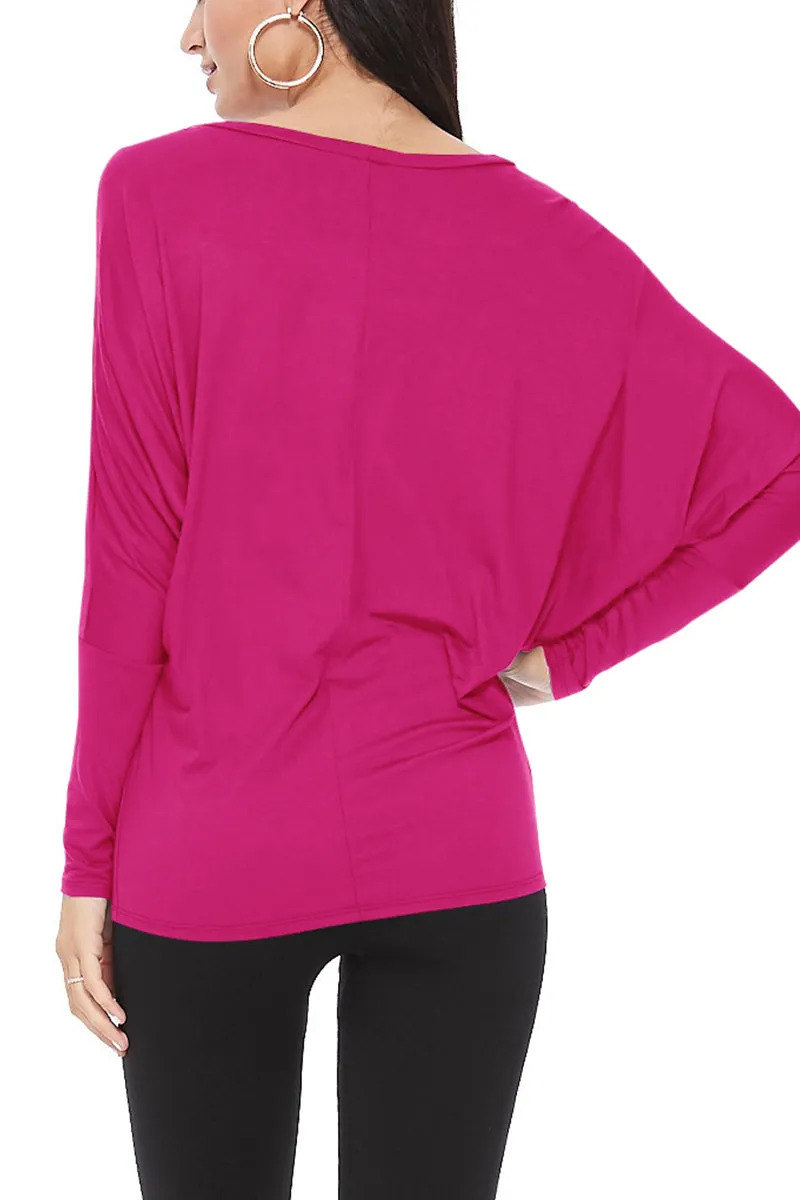 Women's Solid Long Sleeve Jersey Dolman Style Boat Neck Casual Tee Top S-3XL