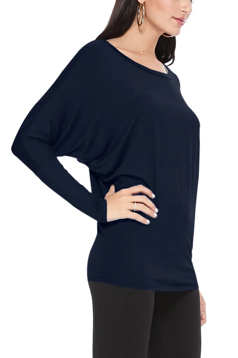 Women's Solid Long Sleeve Jersey Dolman Style Boat Neck Casual Tee Top S-3XL