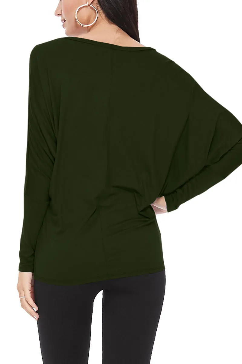 Women's Solid Long Sleeve Jersey Dolman Style Boat Neck Casual Tee Top S-3XL