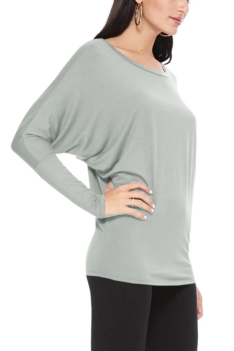 Women's Solid Long Sleeve Jersey Dolman Style Boat Neck Casual Tee Top S-3XL