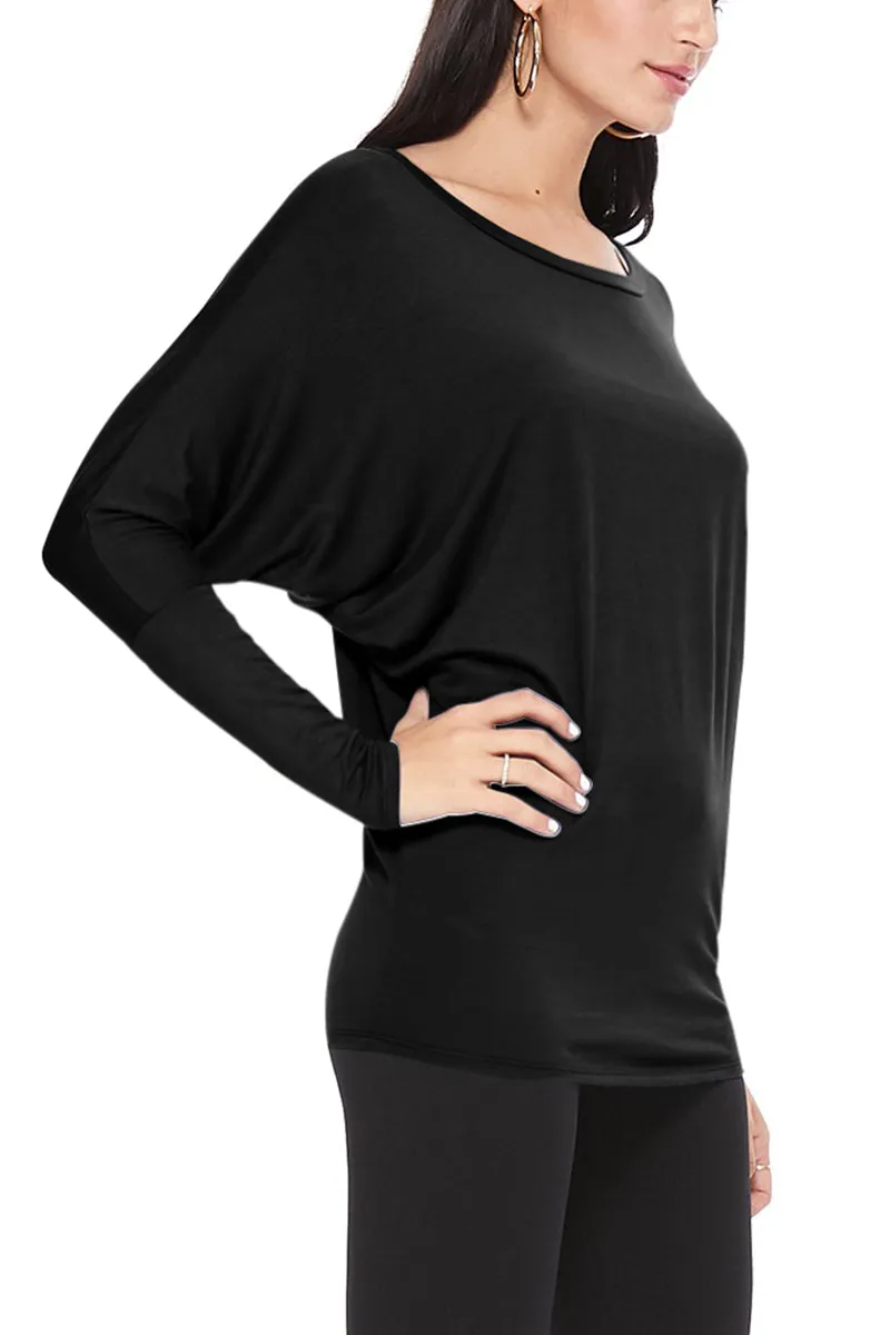 Women's Solid Long Sleeve Jersey Dolman Style Boat Neck Casual Tee Top S-3XL