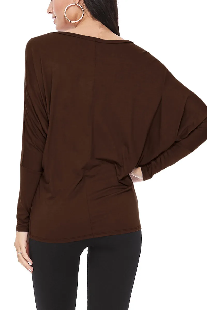 Women's Solid Long Sleeve Jersey Dolman Style Boat Neck Casual Tee Top S-3XL