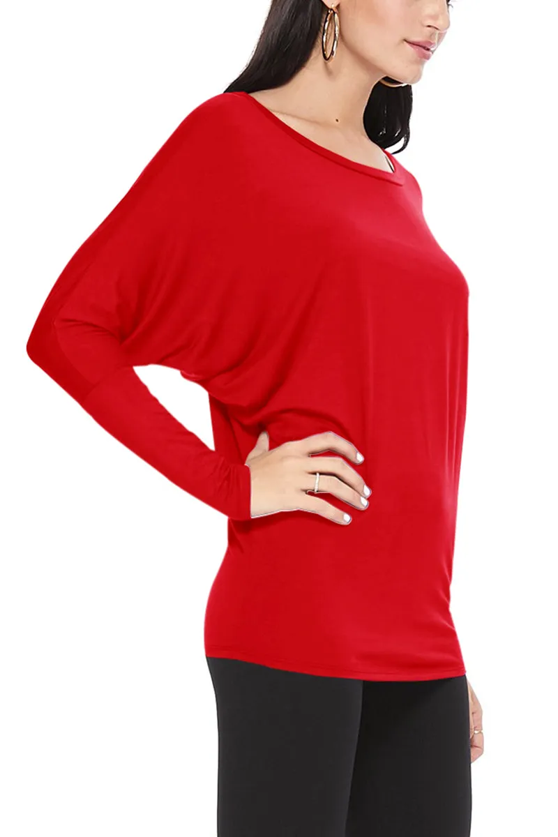 Women's Solid Long Sleeve Jersey Dolman Style Boat Neck Casual Tee Top S-3XL
