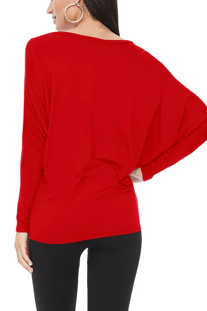Women's Solid Long Sleeve Jersey Dolman Style Boat Neck Casual Tee Top S-3XL