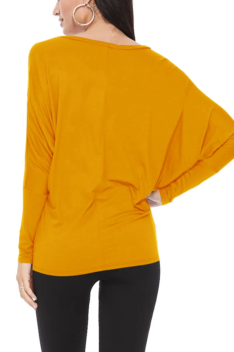 Women's Solid Long Sleeve Jersey Dolman Style Boat Neck Casual Tee Top S-3XL