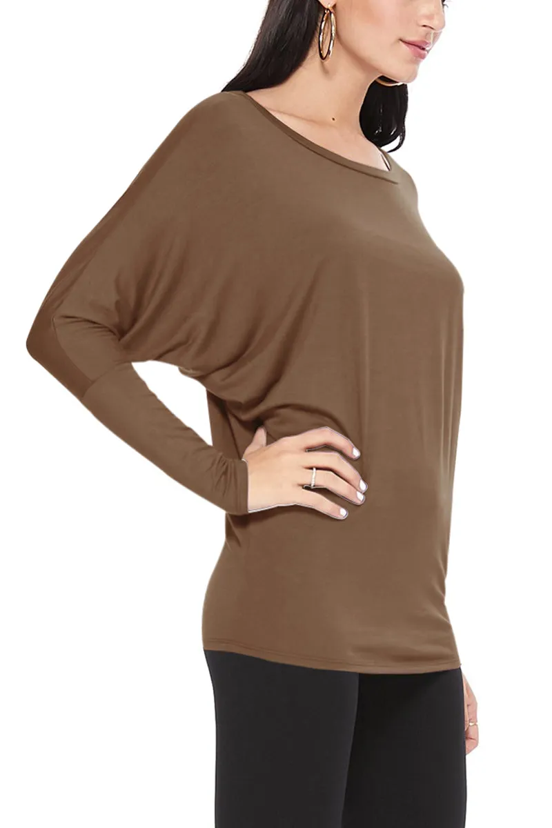 Women's Solid Long Sleeve Jersey Dolman Style Boat Neck Casual Tee Top S-3XL