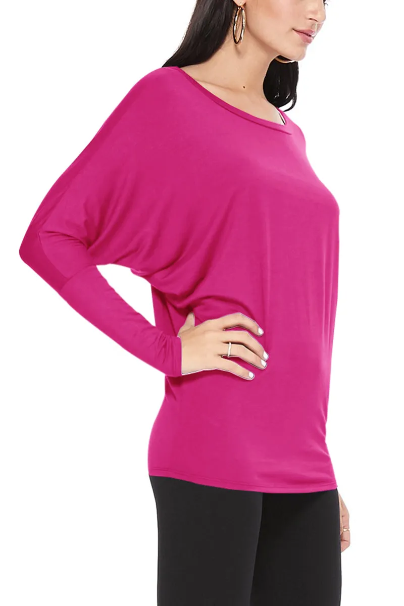 Women's Solid Long Sleeve Jersey Dolman Style Boat Neck Casual Tee Top S-3XL