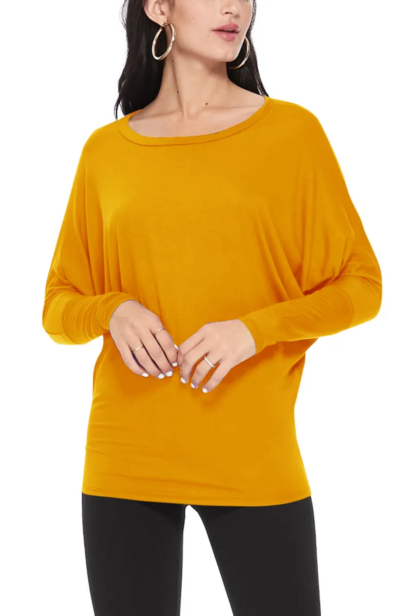 Women's Solid Long Sleeve Jersey Dolman Style Boat Neck Casual Tee Top S-3XL