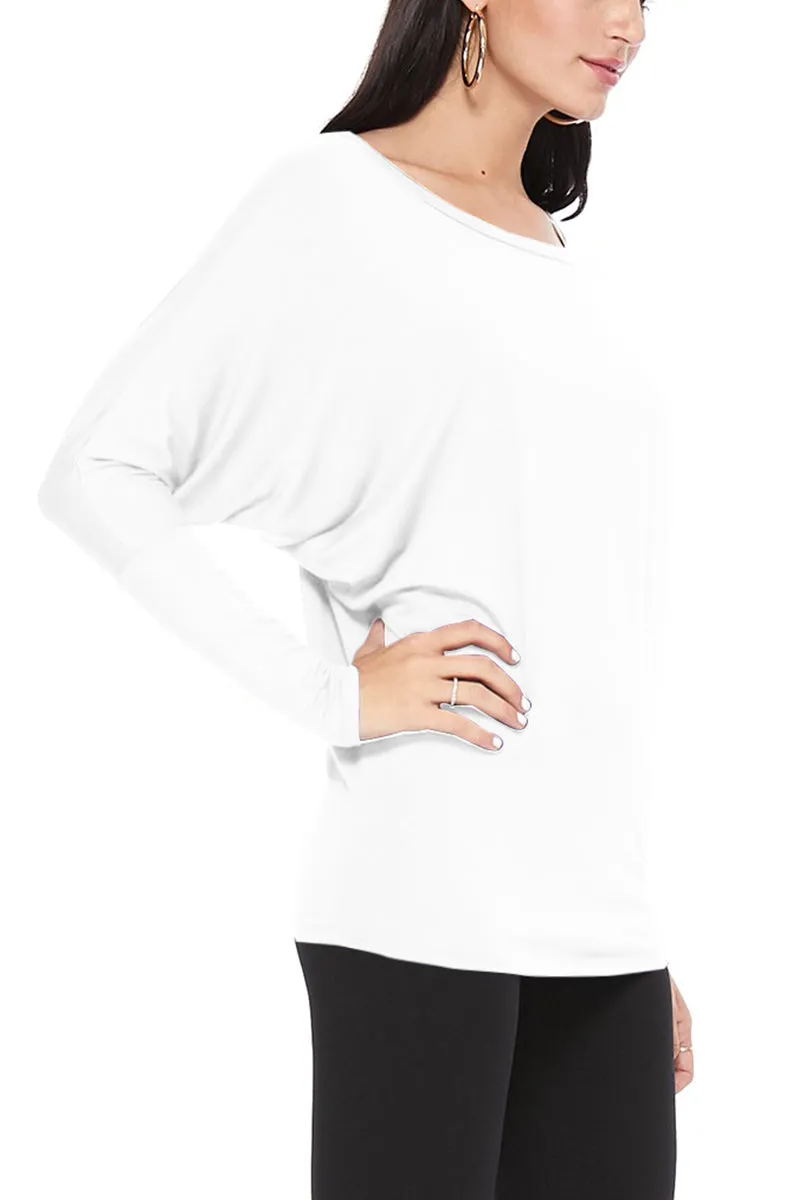 Women's Solid Long Sleeve Jersey Dolman Style Boat Neck Casual Tee Top S-3XL