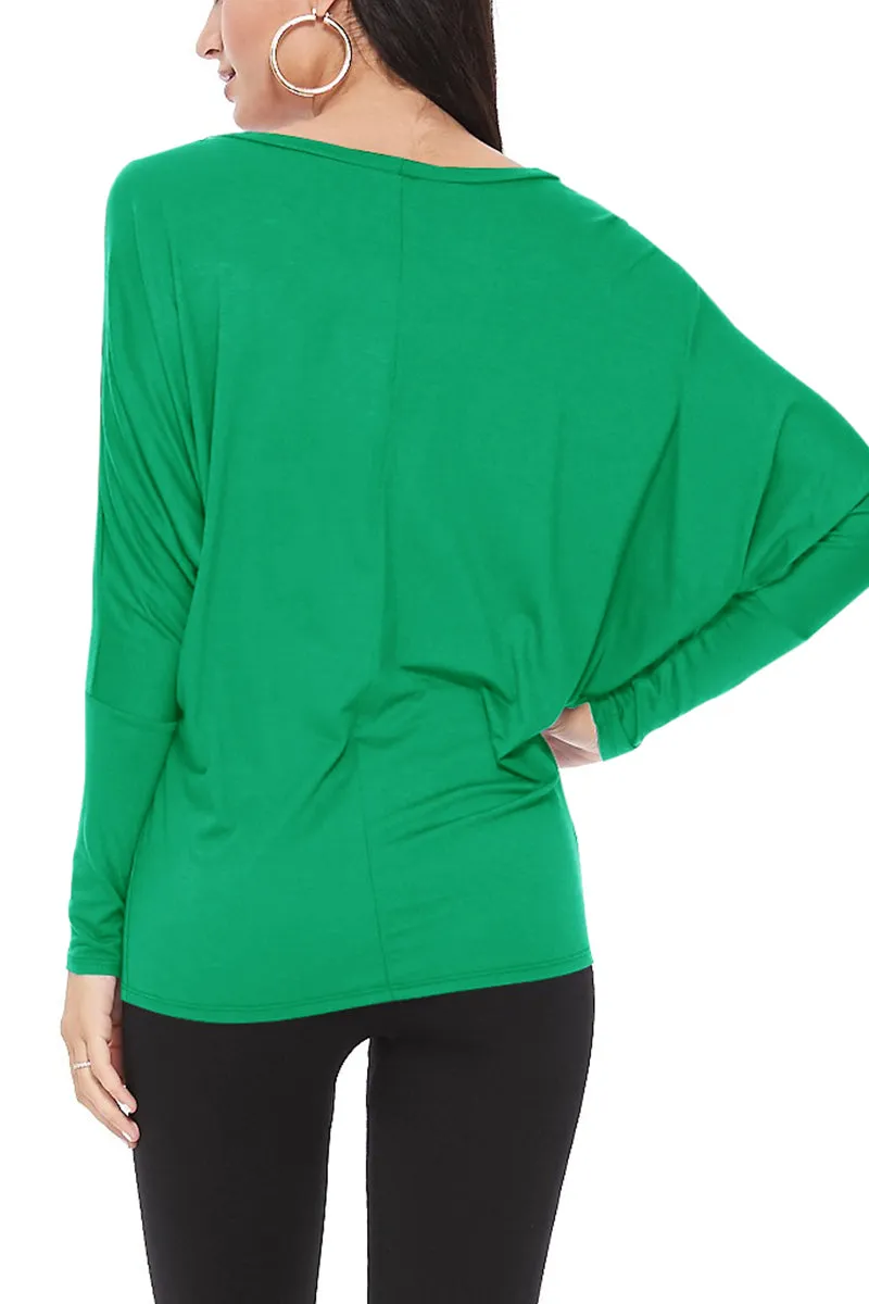 Women's Solid Long Sleeve Jersey Dolman Style Boat Neck Casual Tee Top S-3XL