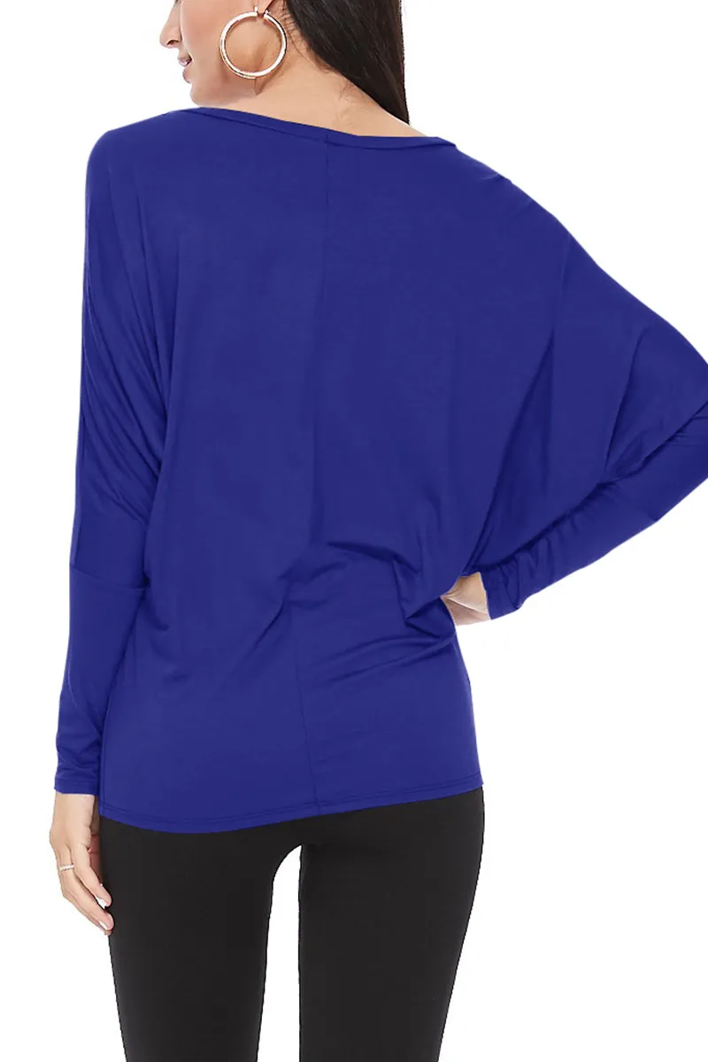Women's Solid Long Sleeve Jersey Dolman Style Boat Neck Casual Tee Top S-3XL
