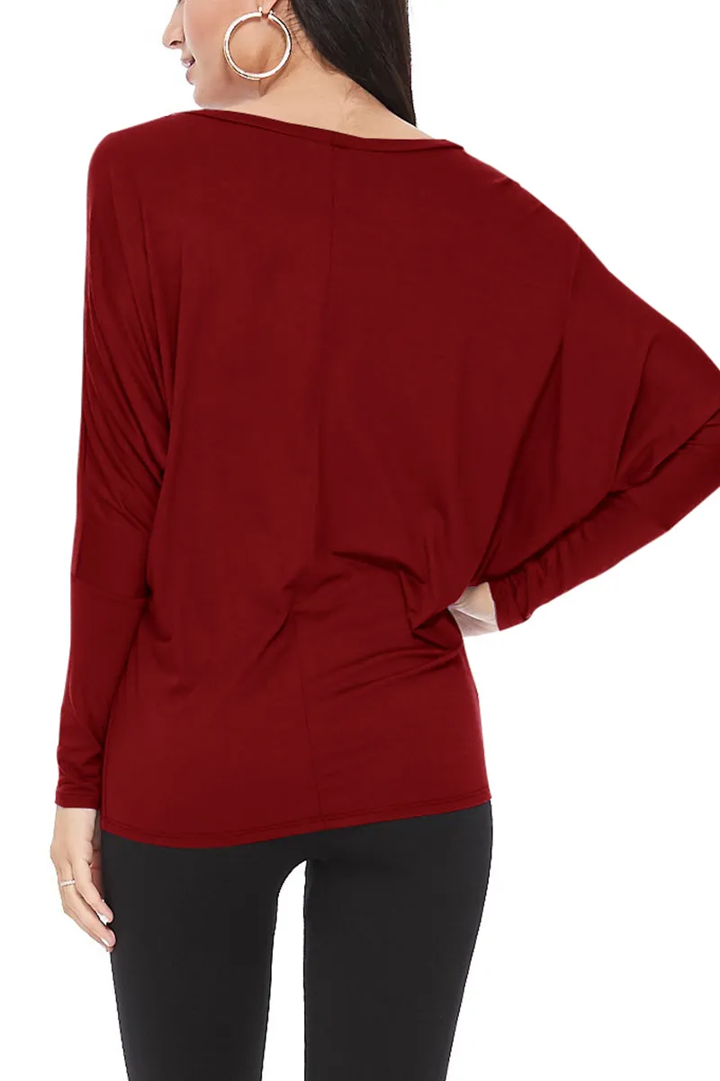 Women's Solid Long Sleeve Jersey Dolman Style Boat Neck Casual Tee Top S-3XL