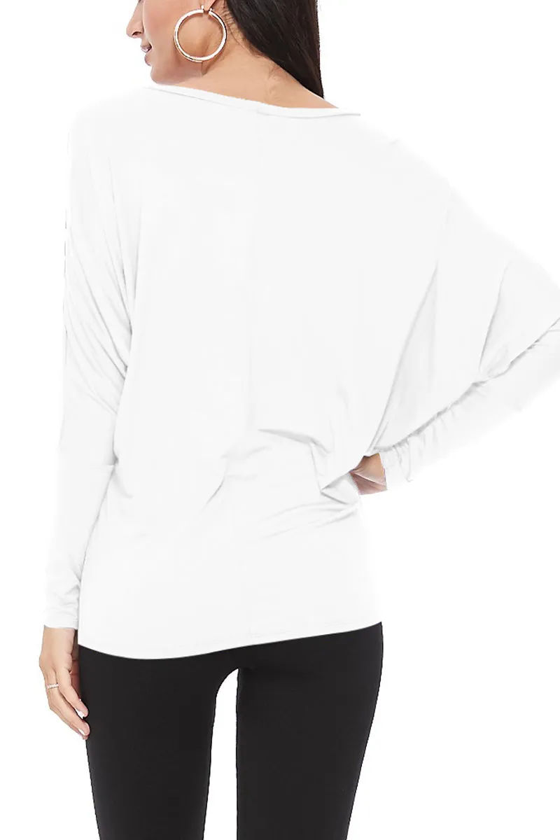 Women's Solid Long Sleeve Jersey Dolman Style Boat Neck Casual Tee Top S-3XL