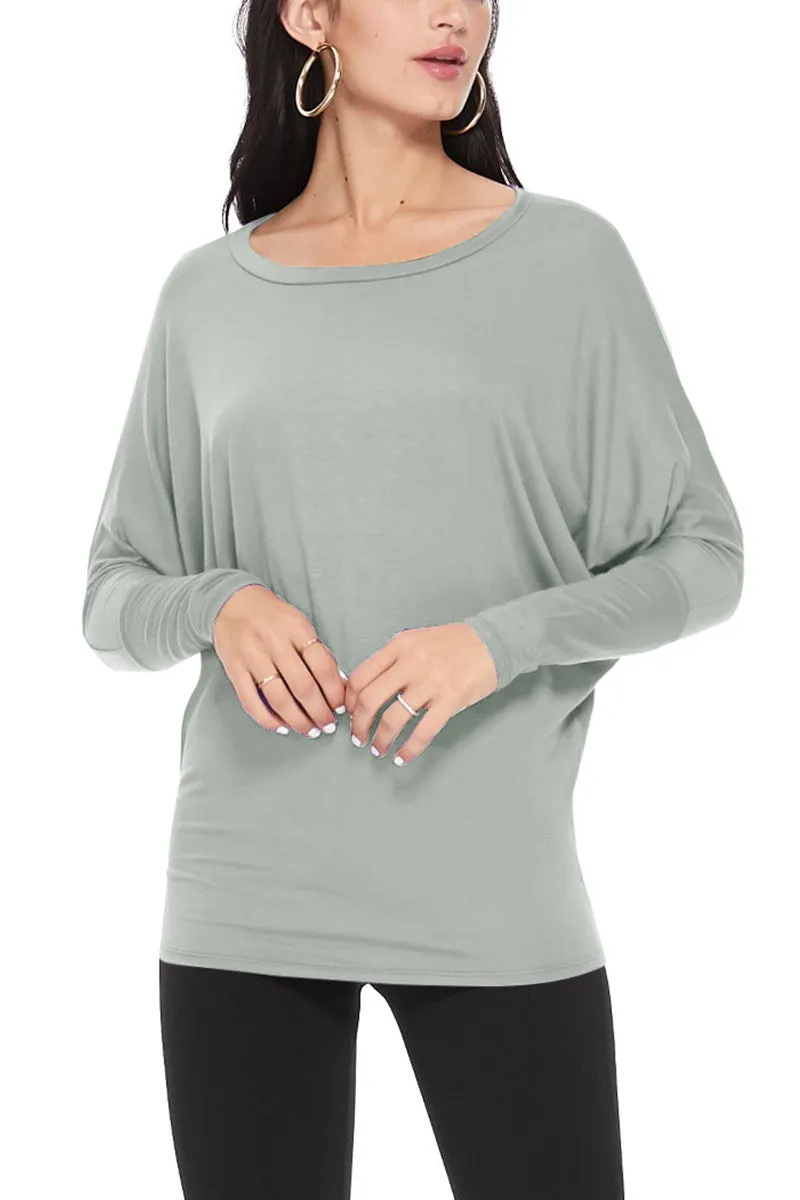 Women's Solid Long Sleeve Jersey Dolman Style Boat Neck Casual Tee Top S-3XL