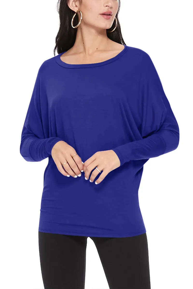 Women's Solid Long Sleeve Jersey Dolman Style Boat Neck Casual Tee Top S-3XL