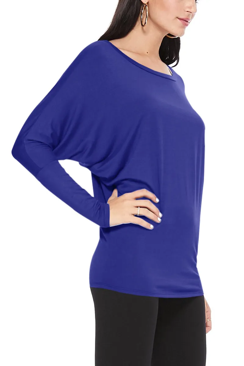 Women's Solid Long Sleeve Jersey Dolman Style Boat Neck Casual Tee Top S-3XL