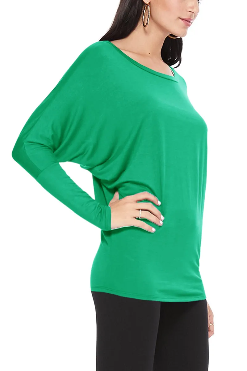 Women's Solid Long Sleeve Jersey Dolman Style Boat Neck Casual Tee Top S-3XL