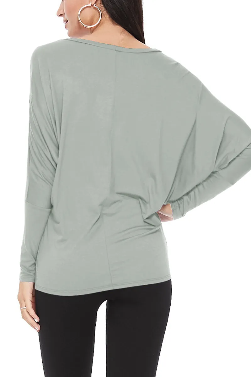 Women's Solid Long Sleeve Jersey Dolman Style Boat Neck Casual Tee Top S-3XL