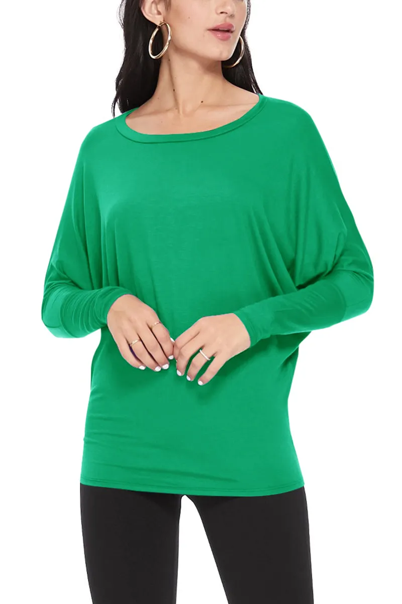 Women's Solid Long Sleeve Jersey Dolman Style Boat Neck Casual Tee Top S-3XL