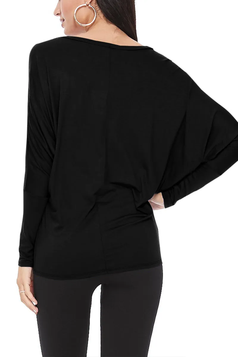 Women's Solid Long Sleeve Jersey Dolman Style Boat Neck Casual Tee Top S-3XL