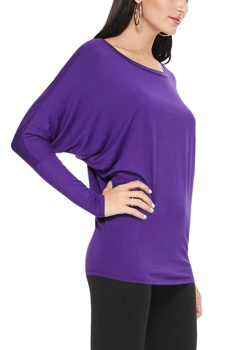 Women's Solid Long Sleeve Jersey Dolman Style Boat Neck Casual Tee Top S-3XL