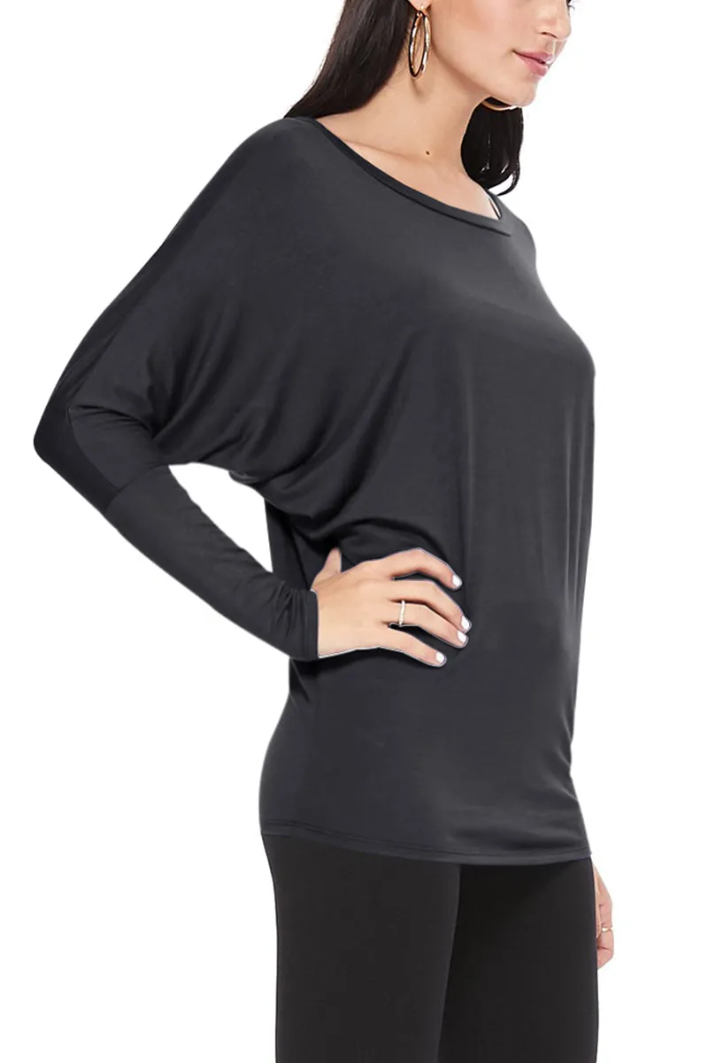 Women's Solid Long Sleeve Jersey Dolman Style Boat Neck Casual Tee Top S-3XL