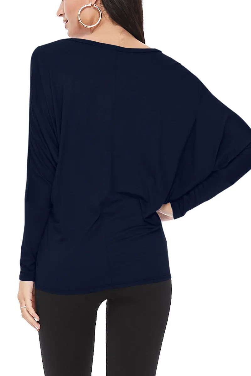 Women's Solid Long Sleeve Jersey Dolman Style Boat Neck Casual Tee Top S-3XL