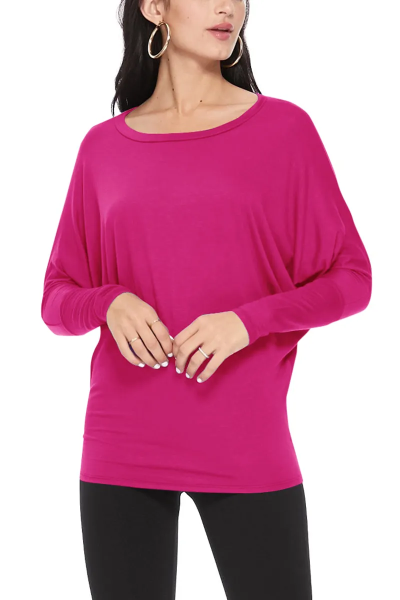 Women's Solid Long Sleeve Jersey Dolman Style Boat Neck Casual Tee Top S-3XL