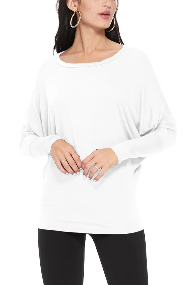 Women's Solid Long Sleeve Jersey Dolman Style Boat Neck Casual Tee Top S-3XL