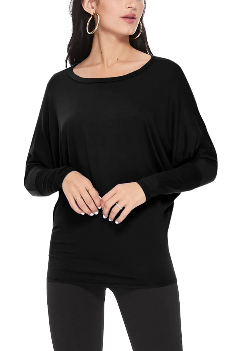 Women's Solid Long Sleeve Jersey Dolman Style Boat Neck Casual Tee Top S-3XL