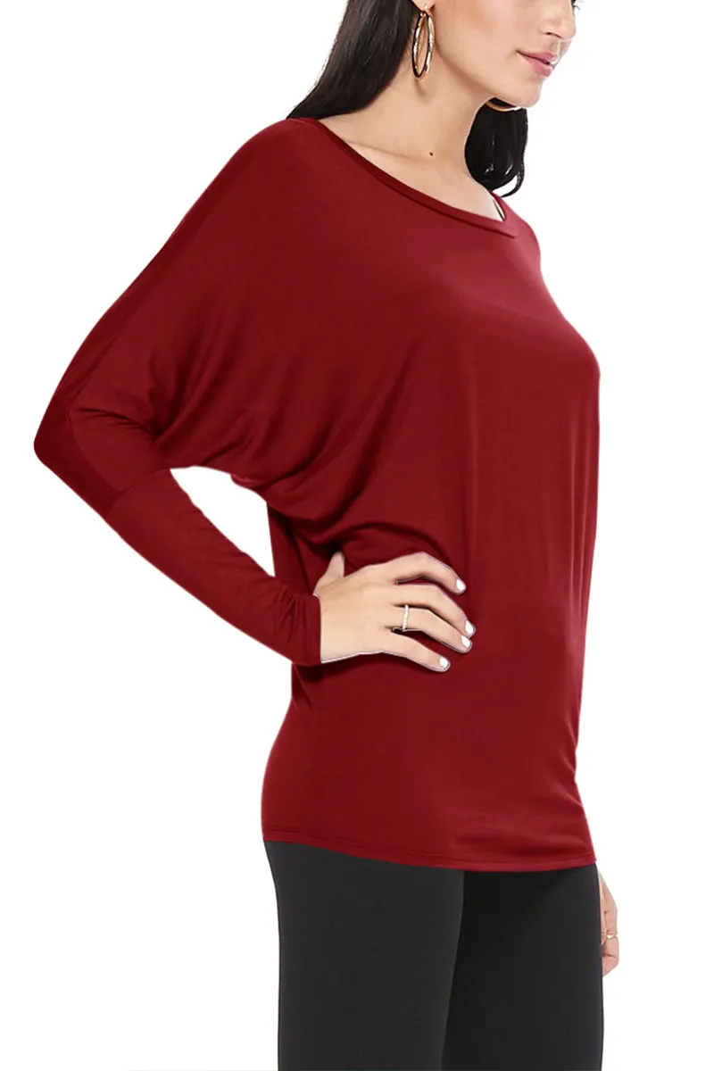 Women's Solid Long Sleeve Jersey Dolman Style Boat Neck Casual Tee Top S-3XL